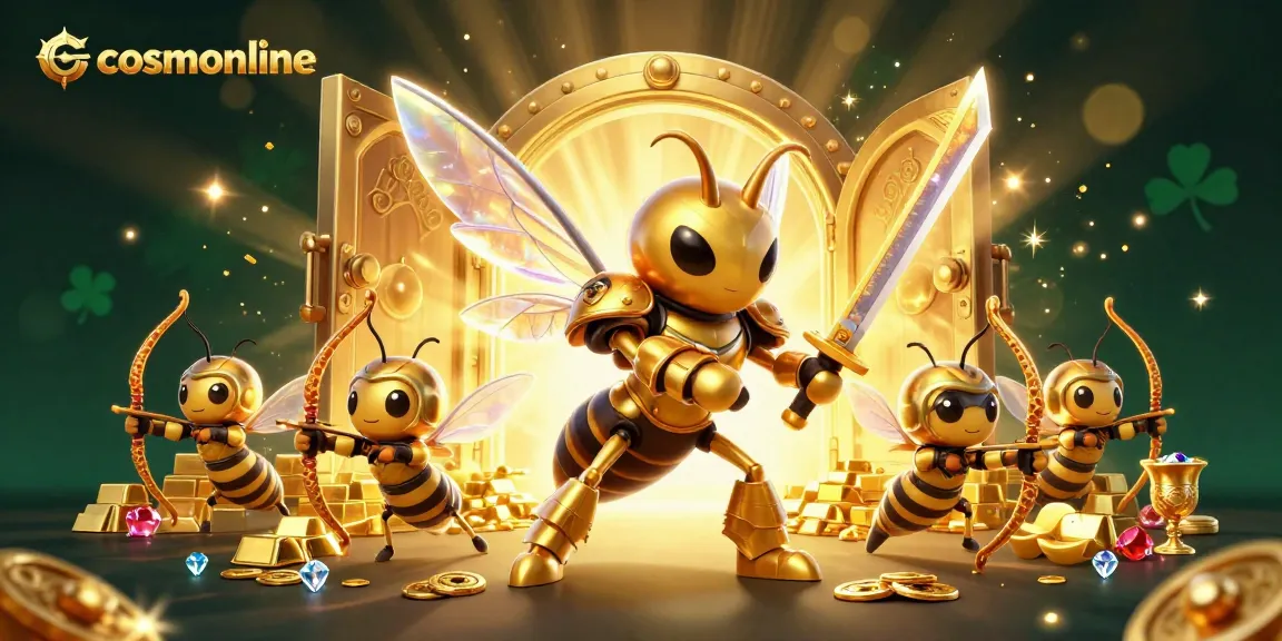 Experience the excitement of cosmonline casinos with this vibrant 3D illustration of playful characters and treasure.