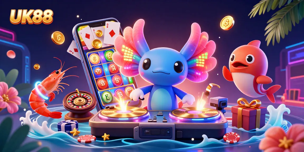 Engage in exciting gaming with UK88 featuring a vibrant 3D axolotl DJ and animated casino elements.