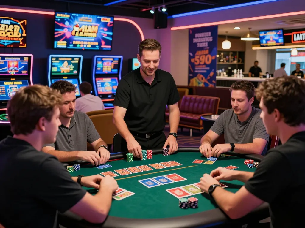 Bomwin online gaming scene with players engaged at vibrant tables showcasing excitement and energy.