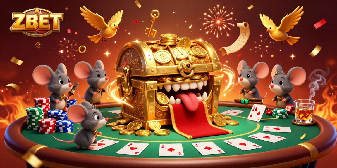 ZBET draws in adventurer mice with a golden treasure chest amid a dynamic casino scene filled with poker elements.