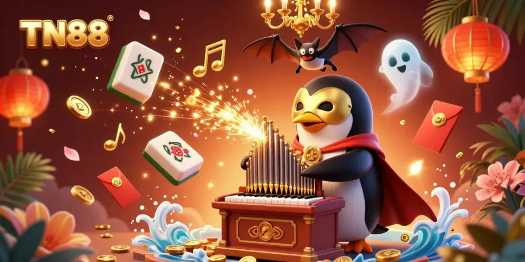 Engage with the vibrant world of TN88 where a whimsical penguin charms audiences with its organ, surrounded by festive casino elements.