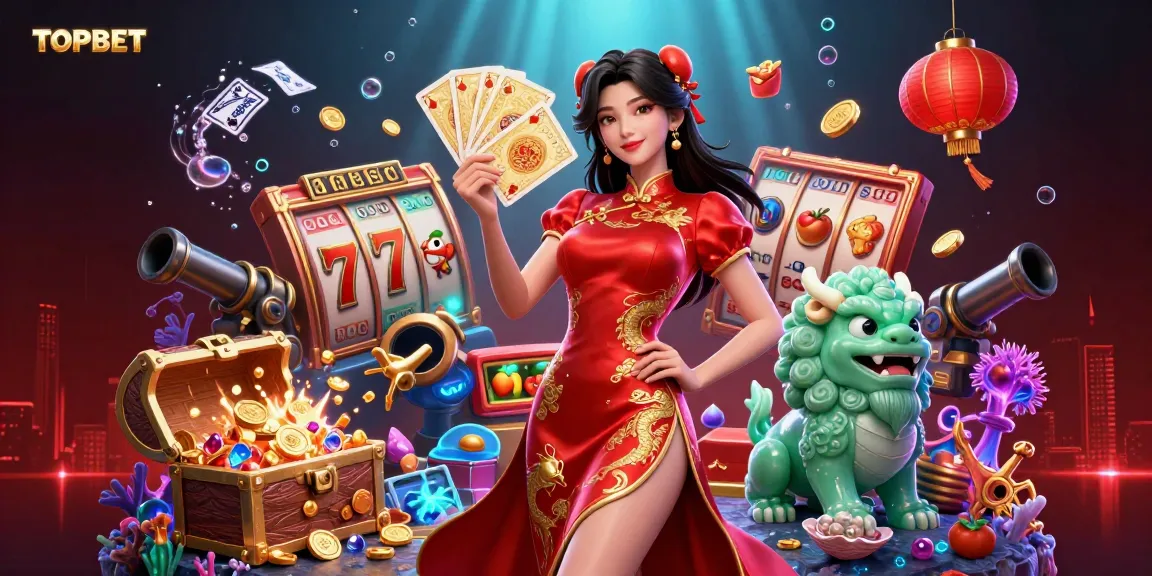 Engage with TOPBET through this vibrant casino-themed illustration featuring slot reels and a dynamic scene.