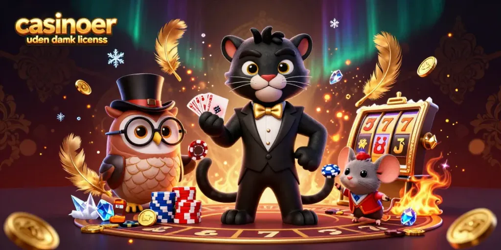 Experience the thrill of casinoer uden dansk licens with a stylish panther, owl, and lucky mouse amidst vibrant game elements.