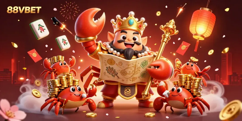 Bet confidently with 88VBET's vibrant online casino experience, featuring a golden crab emperor and dynamic gaming elements.