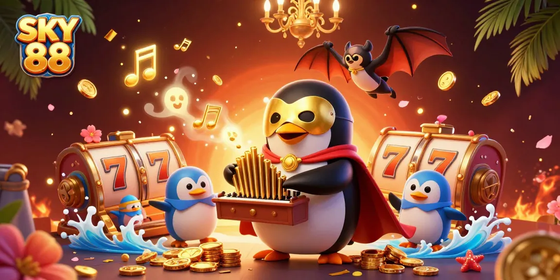 Experience the thrill of SKY 88 as cartoon characters celebrate wins with vibrant slot reels and gold coins.