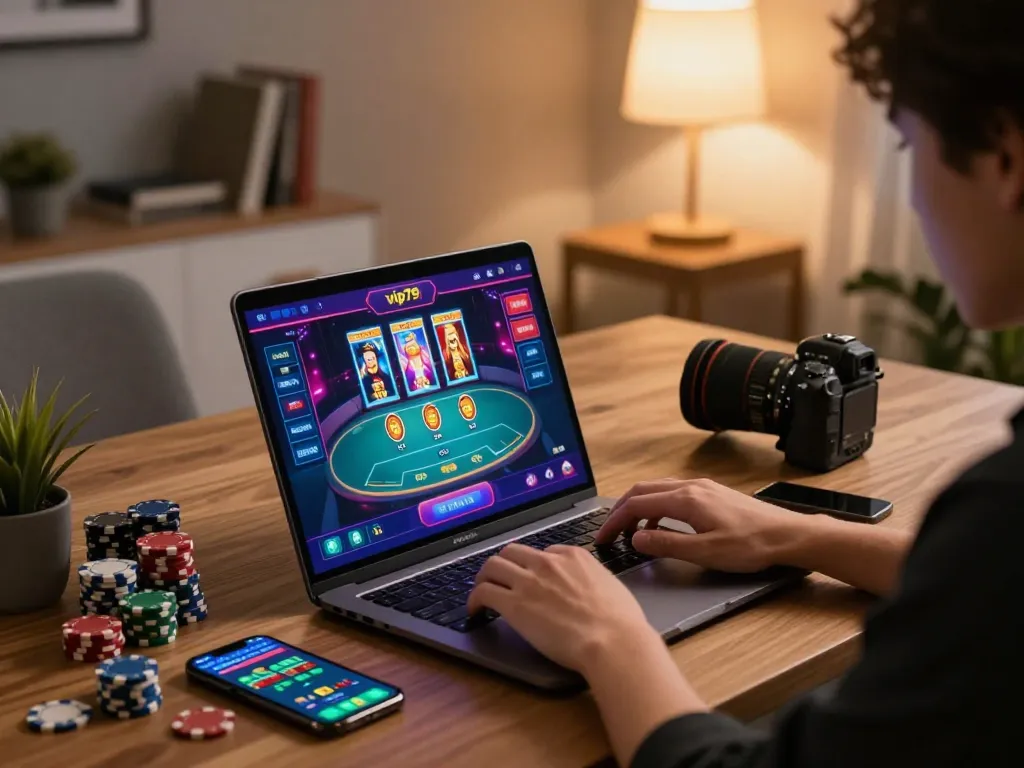 Player enjoying a thrilling vip79 online gaming experience on a laptop with vibrant game graphics