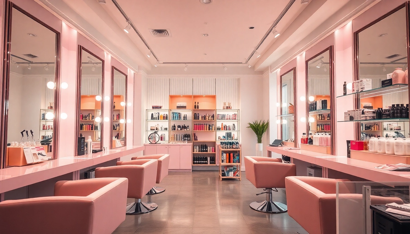 Damenfriseur salon interior with elegant decor, soft lighting, and stylish elements.