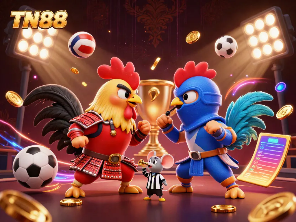 Experience thrilling TN88 action with dynamic rooster fight and vibrant casino elements.