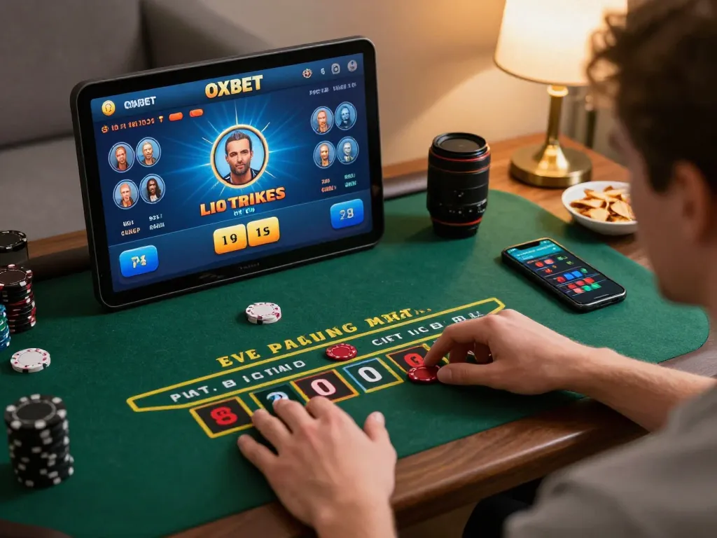 Player engaging with the Oxbet app while placing strategic bets on live dealer blackjack, showcasing a cozy home gaming setup.