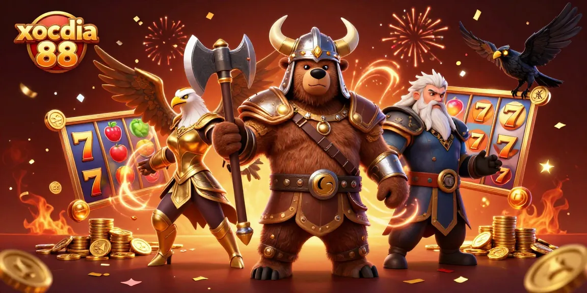 Xocdia 88 captivates players with a vibrant online slot game scene featuring dynamic casino elements and a Viking bear.