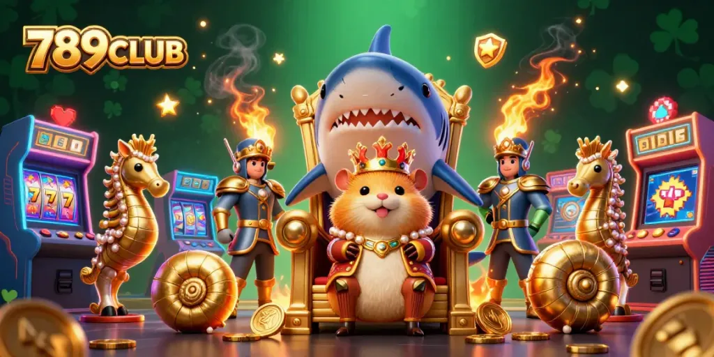Experience gaming thrill with 789CLUB's vibrant 3D arcade scene featuring dynamic slots and characters.