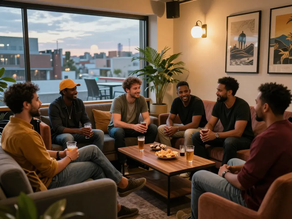 Men club gathering promoting camaraderie and connection in a warm lounge setting.