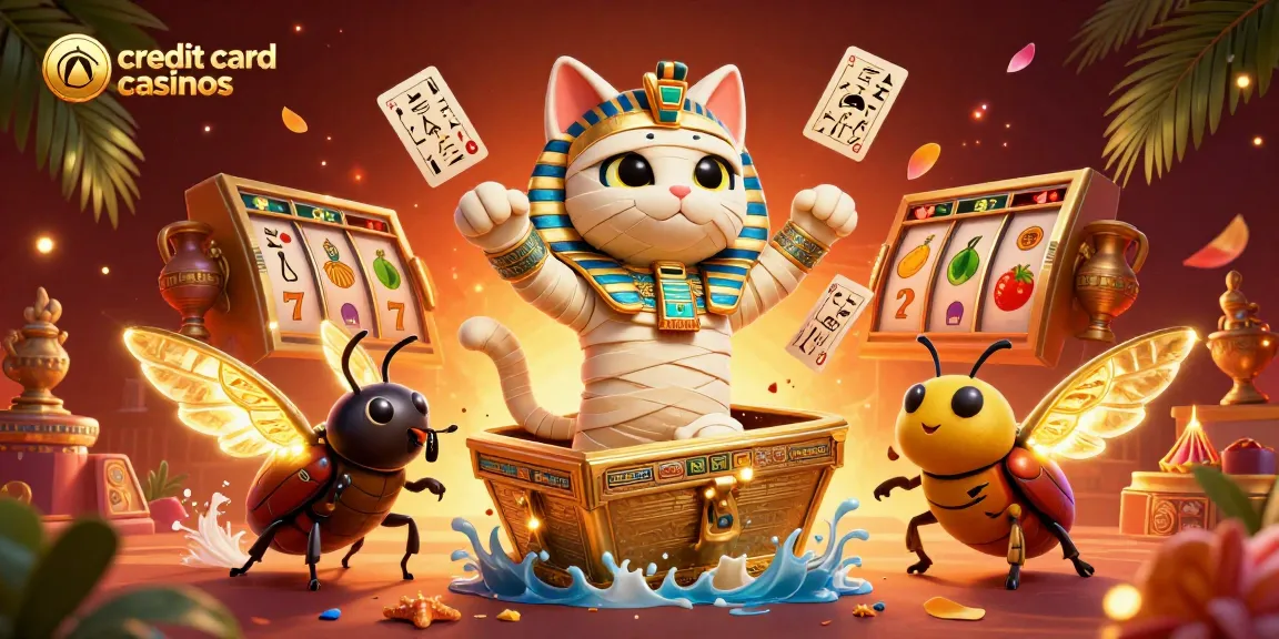 Engage with credit card casinos featuring a cartoon cat and scarab in a vibrant casino scene.