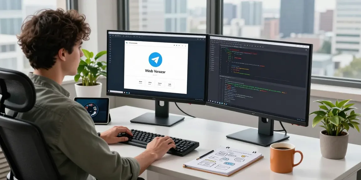 Developer utilizing Telegram Web Version in a contemporary workspace with dual monitors and tech gadgets.