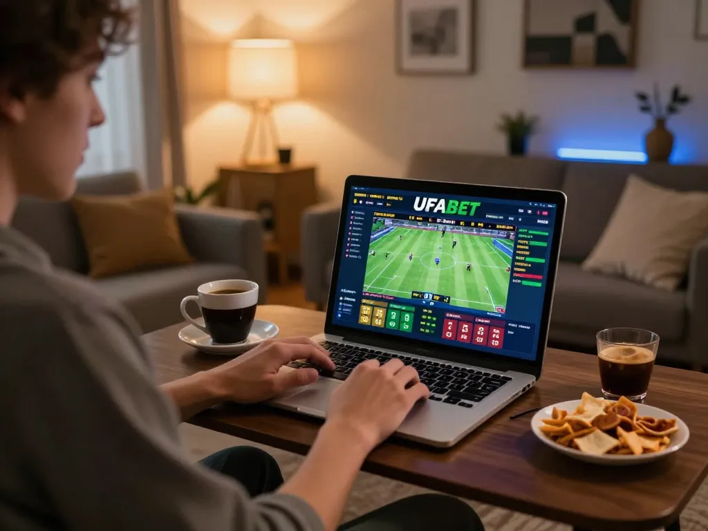 Playing UFABET online casino from the comfort of home with laptop displaying sports betting.