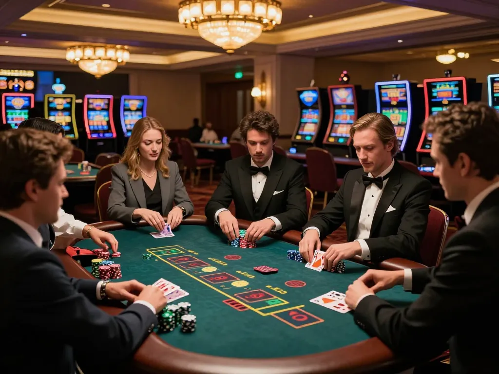Players at a blackjack table reveling in hytw3339 action with chips stacked and cards dealt in a luxurious casino.