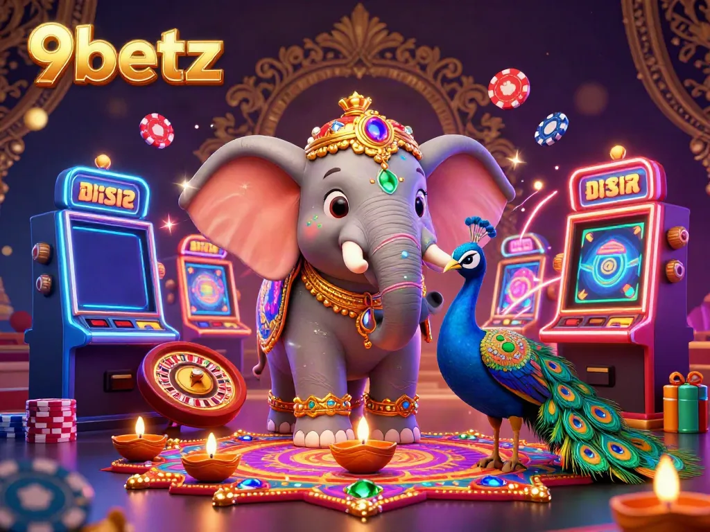 Engage with 9betz immersive online casino experience featuring vibrant 3D characters and casino elements.
