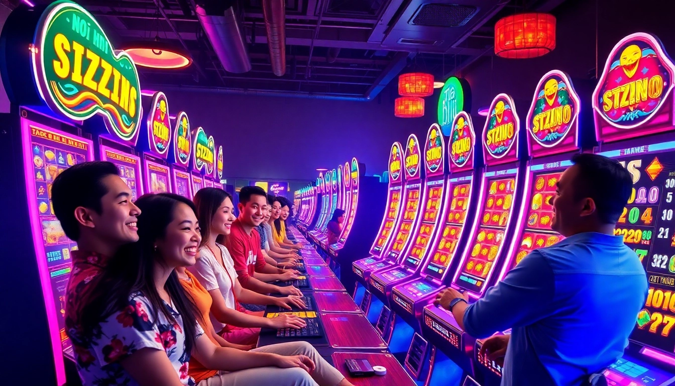Nổ Hũ online gaming scene featuring vibrant slot machines and excited players
