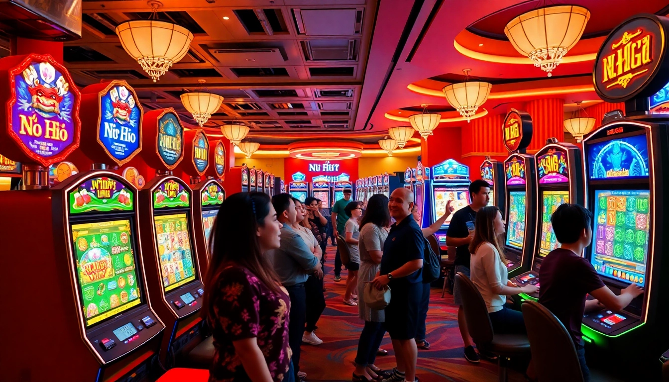 Players enjoying Nổ Hũ slot machines in a vibrant casino setting with colorful displays.
