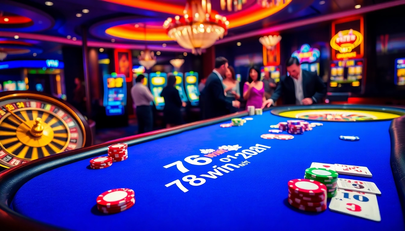 Engaging gaming scene at a casino featuring 78win01 branding on the poker table.