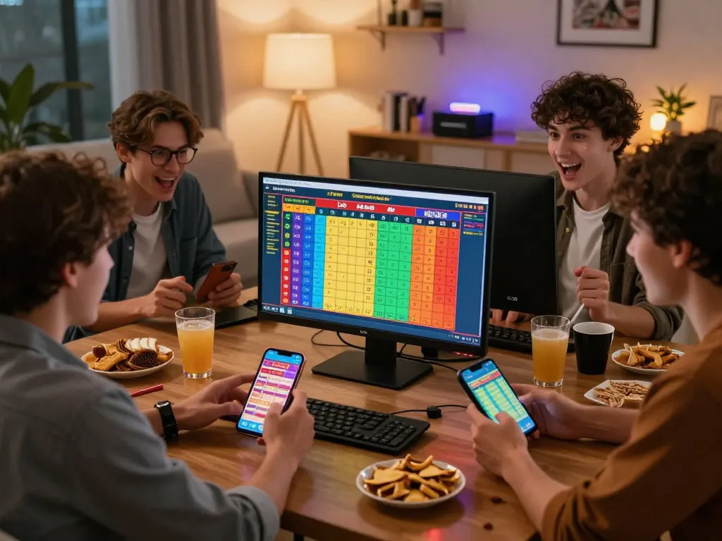 Exciting friends discussing their lô đề bets online with charts and results.