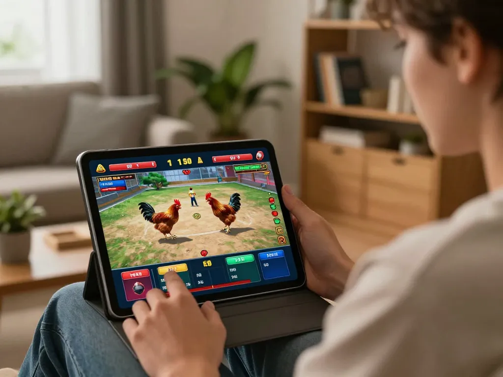 Watch đá gà trực tiếp from home on a tablet, showcasing live fights in high-definition.