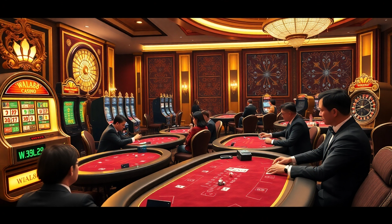 Players enjoying WALA88 casino games at elegant poker tables with vibrant decor.