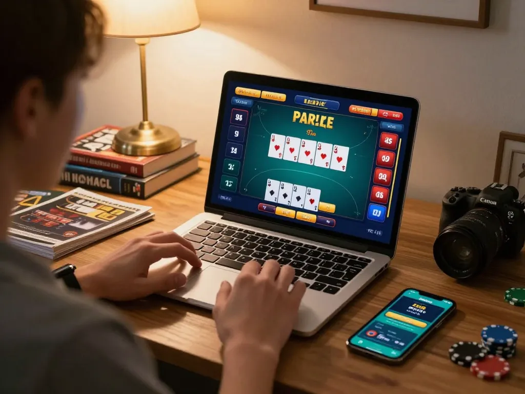 Player engaging in online gambling at https://vipwin79.net/ with laptop and poker game display