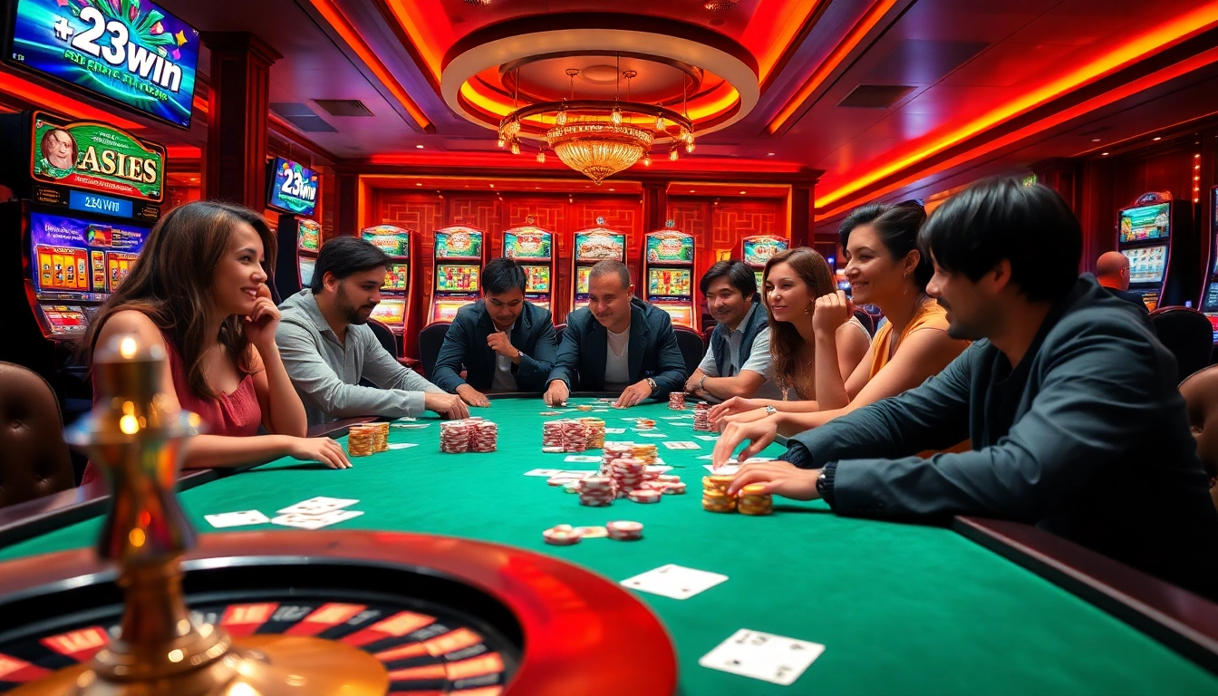 Engage in thrilling gameplay at 23win's vibrant casino with poker chips, cards, and slot machines.