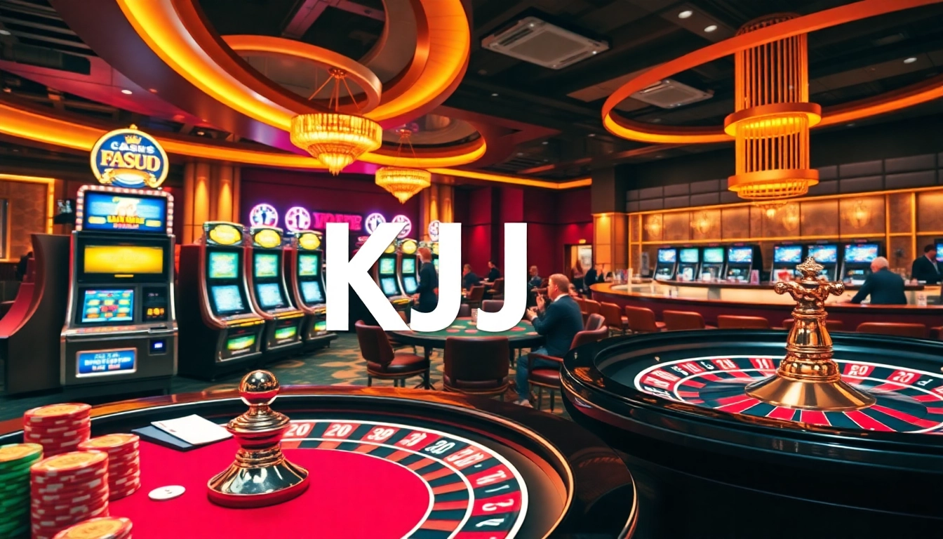KJC casino scene showcasing poker tables, slot machines, and roulette wheels in action.
