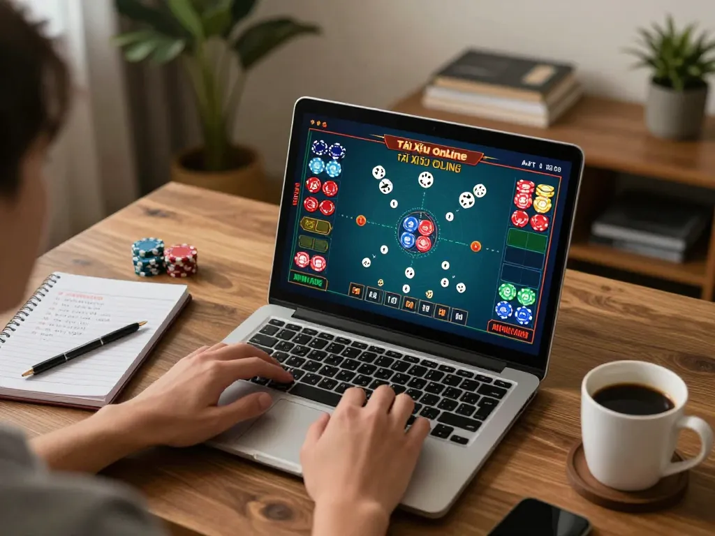 Tài xỉu online uy tín gameplay action representing responsible gambling with vibrant gameplay and cozy home setup