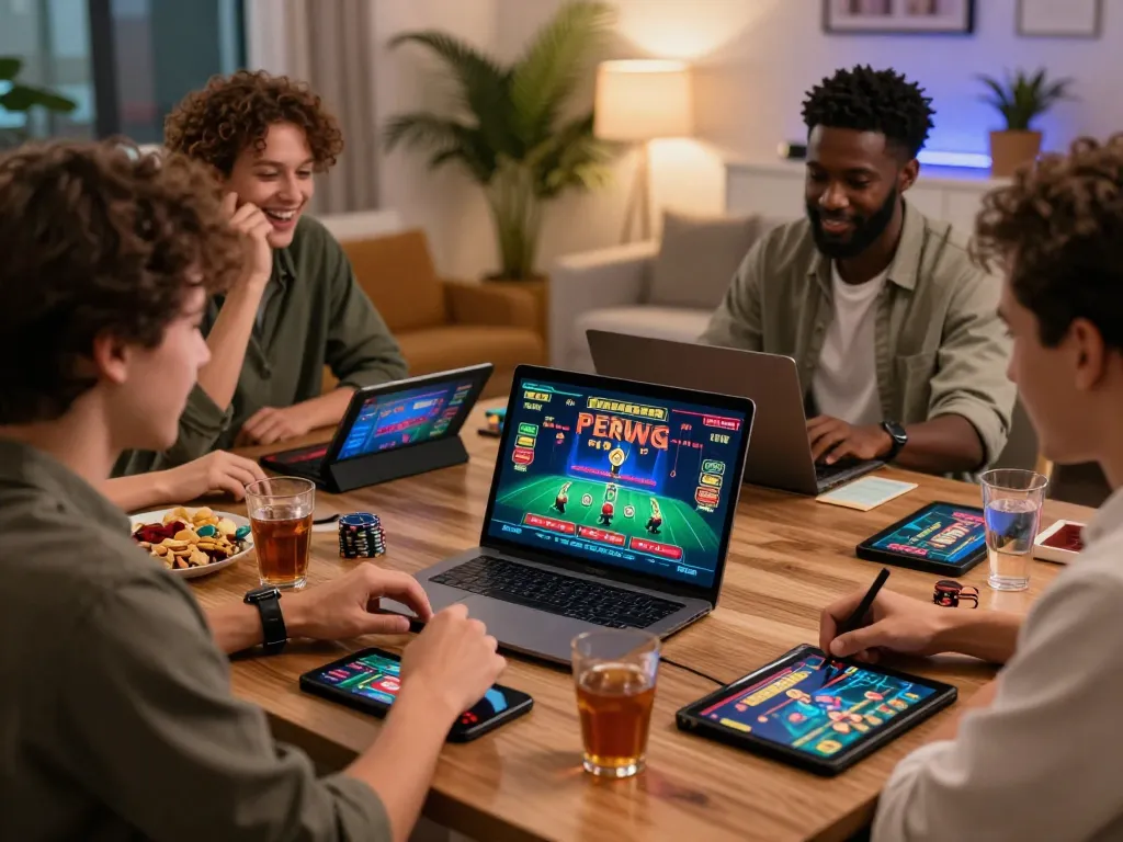Friends engaged in live online gambling at https://bomwin.jp.net/, showcasing excitement and modern gaming setup.