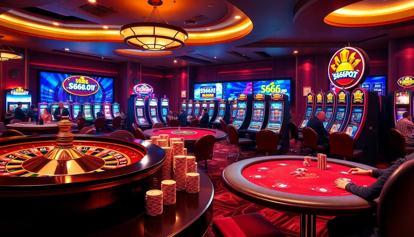 Experience the excitement of gaming at s666.com with colorful tables and vibrant slot machines.
