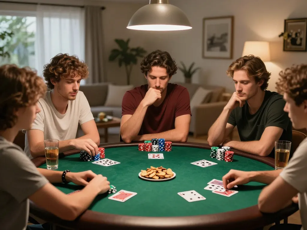 Engaged friends playing poker at home, showcasing strategic gameplay on https://va88.moe/ with vibrant chips and cards.
