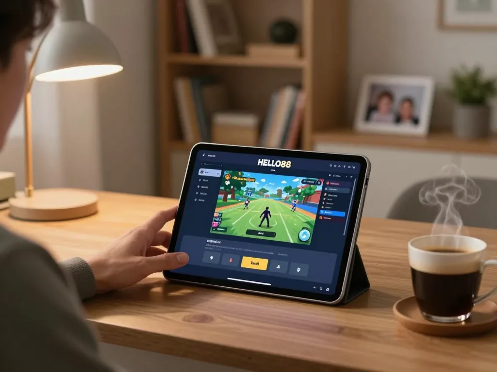 Person using the HELLO88 app on a tablet in a cozy home gaming setup, highlighting online casino excitement.