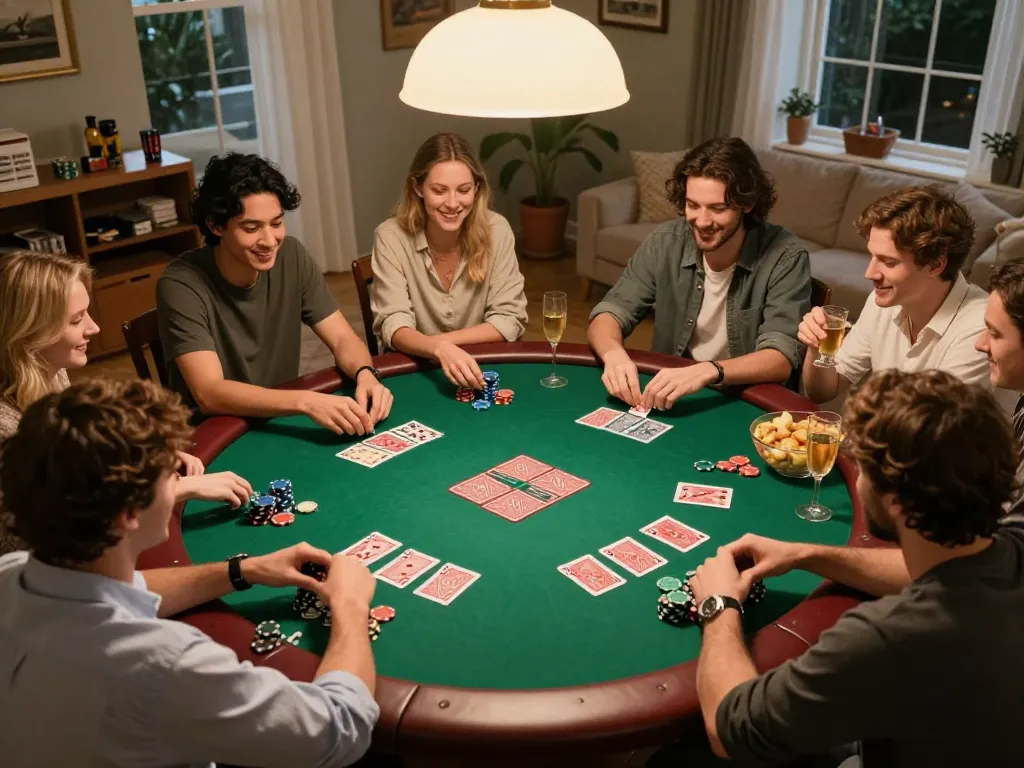 MAY88 poker night with friends enjoying a competitive game at a cozy home setting
