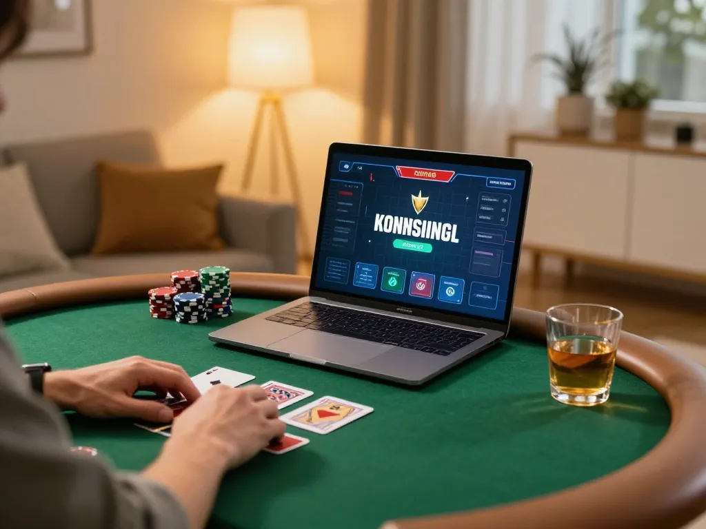 Engaged player at home enjoying online poker gameplay on five88, strategic atmosphere with chips and cards.