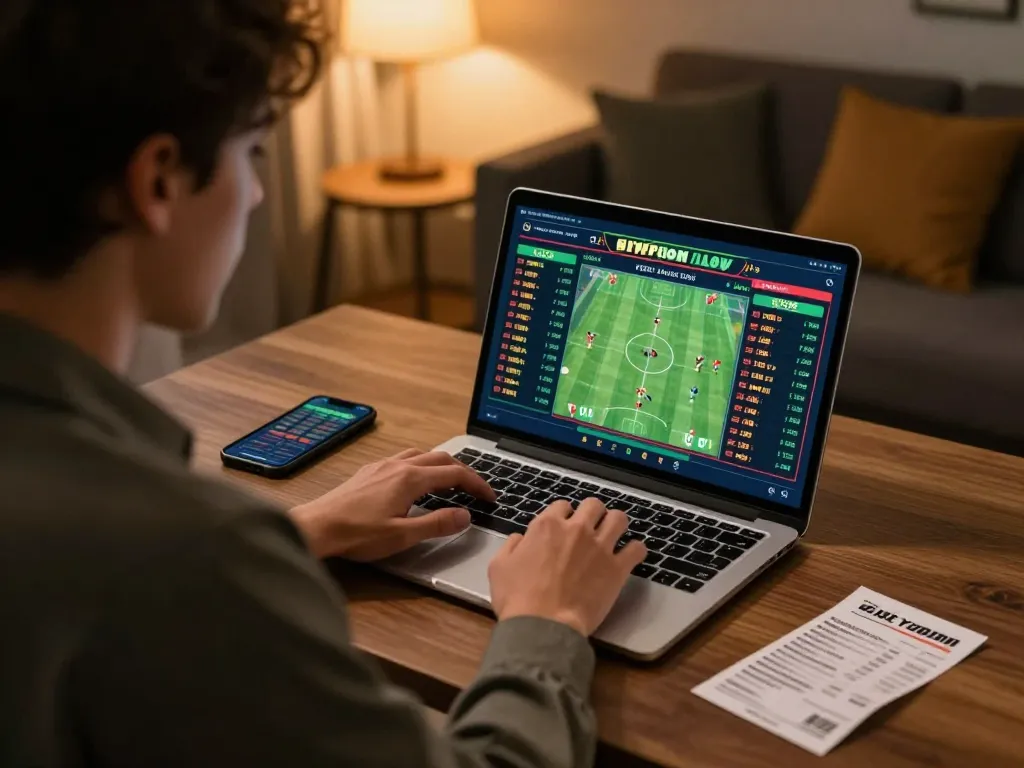 Engaged user analyzing betting odds on a laptop for tylekeo with smartphone nearby.