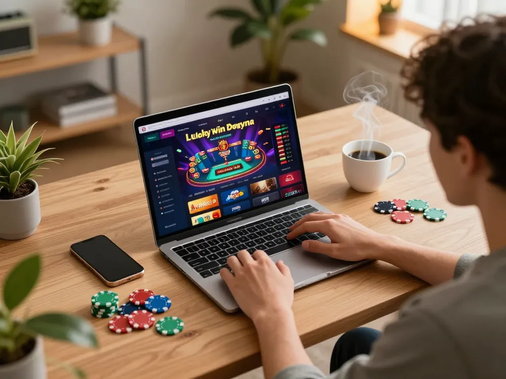 Engaging in a strategic gaming session with the luckywin win platform on a laptop amidst a cozy home setup.