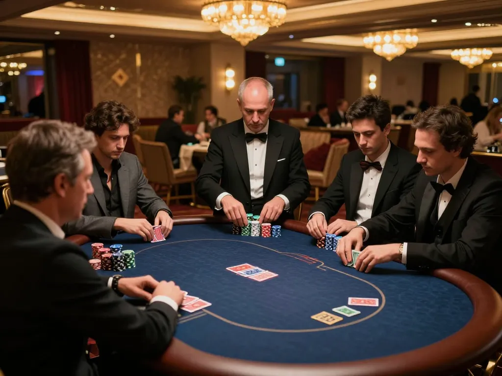 sunwin players engaged in high-stakes poker strategy in an elegant casino atmosphere