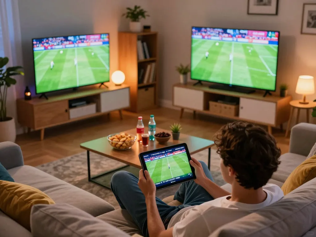 Socolive user enjoying live football streaming on tablet in a cozy home environment