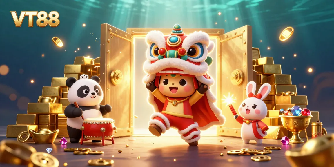 Experience the excitement of VT88 with a colorful casino-themed illustration of a lion dance and gold treasures.