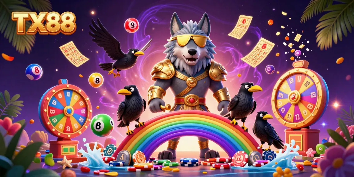 Engage in exciting gambling action with TX88, featuring a vibrant 3D casino scene filled with lottery elements and characters.