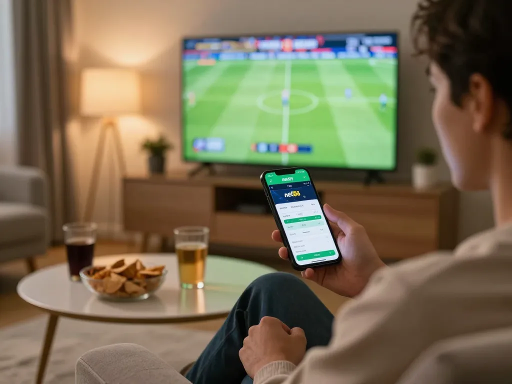 Engaged bettor using the net88 app during a live football match, showcasing dynamic online sports betting.