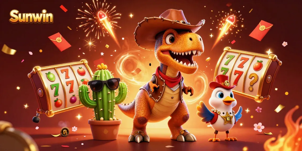 Spin and win big with Sunwin's vibrant 3D casino action featuring a T-Rex and colorful game elements.