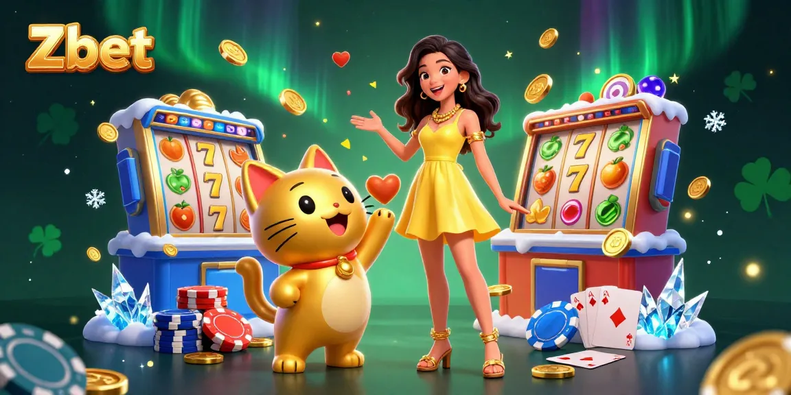 Zbet showcases an Asian woman joyfully interacting with a golden lucky cat amidst vibrant slot reels and casino elements.