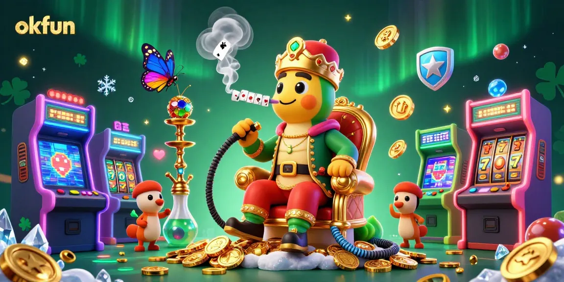 Experience the thrilling action at OKFUN, with vibrant casino elements, slot games, and engaging characters combined.