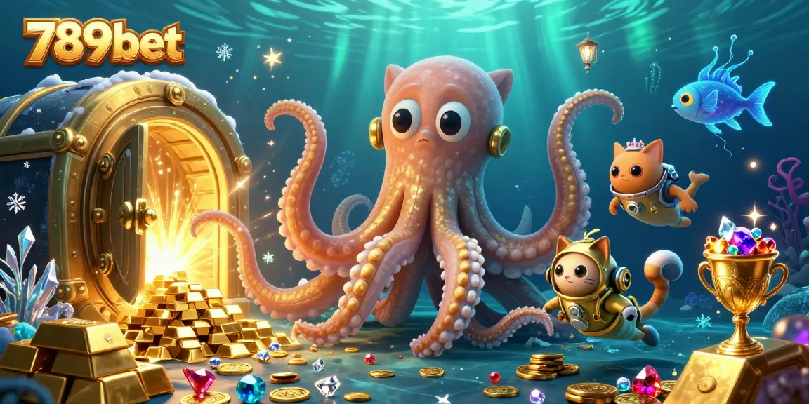 Experience the excitement with 789bet as a colossal kraken and diving cat explore a treasure-filled underwater world.
