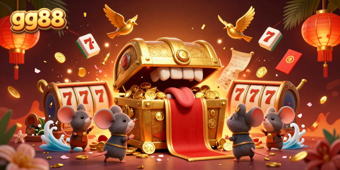 Experience thrilling slots at gg88 with a treasure chest enticing players, surrounded by festive elements.