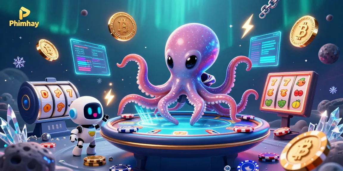 Engage in thrilling gaming with Phimhay, featuring alien octopus and holographic poker table.
